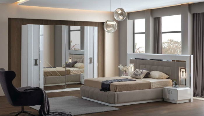 Dormitorio Juego completo Cama 2x Mesita de noche Armario Nuevo Diseño 4 piezas.