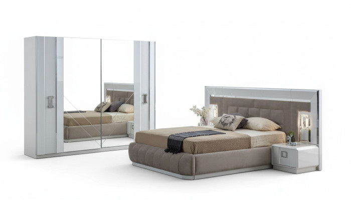 Dormitorio Juego completo Cama 2x Mesita de noche Armario Nuevo Diseño 4 piezas.
