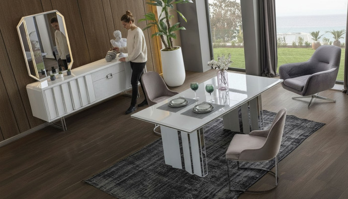 Juego de comedor de lujo Mesa de comedor + 6 sillas + Aparador con espejo Moderno Completo