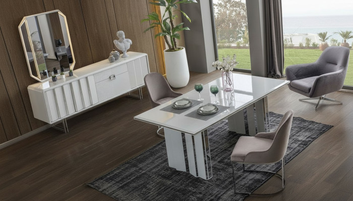 Juego de comedor de lujo Mesa de comedor + 6 sillas + Aparador con espejo Moderno Completo