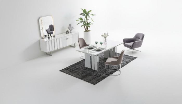 Juego de comedor de lujo Mesa de comedor + 6 sillas + Aparador con espejo Moderno Completo