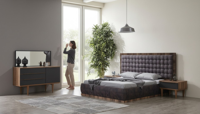 Juego de dormitorio Cama + 2 mesitas de noche + cómoda + espejo Muebles de diseños 5 piezas
