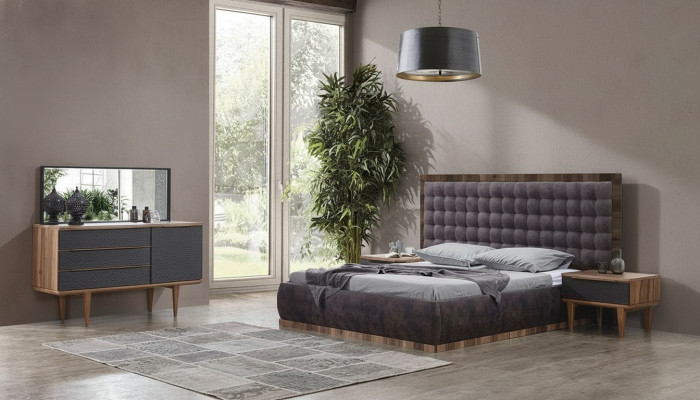 Juego de dormitorio Cama + 2 mesitas de noche + cómoda + espejo Muebles de diseños 5 piezas