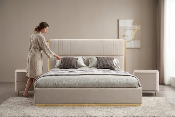 Juego de dormitorio Cama Gris Metal Tela Diseño Lujo 2 mesitas de noche Juego de 3 piezas Nuevo
