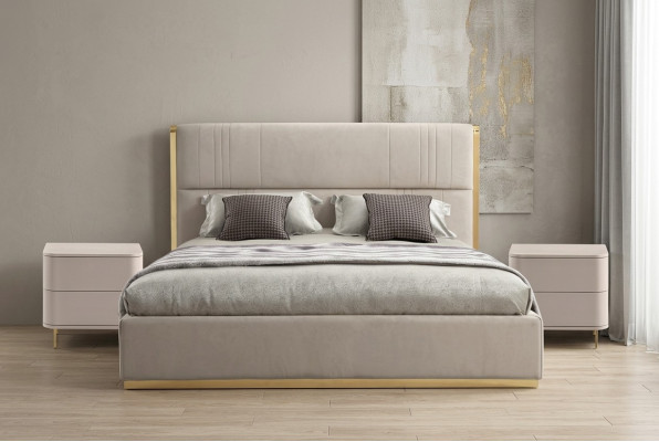 Juego de dormitorio Cama Gris Metal Tela Diseño Lujo 2 mesitas de noche Juego de 3 piezas Nuevo