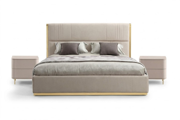 Juego de dormitorio Cama Gris Metal Tela Diseño Lujo 2 mesitas de noche Juego de 3 piezas Nuevo