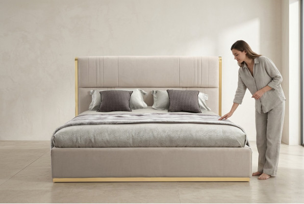 Muebles de cama beige, muebles de dormitorio, camas de diseño, muebles de lujo, madera moderna nueva.