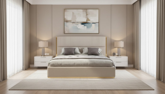 Muebles de cama beige, muebles de dormitorio, camas de diseño, muebles de lujo, madera moderna nueva.