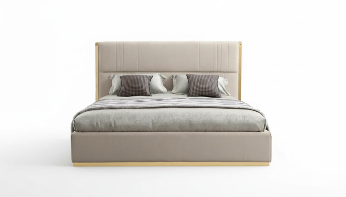 Muebles de cama beige, muebles de dormitorio, camas de diseño, muebles de lujo, madera moderna nueva.