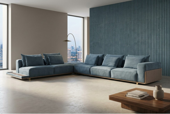 Sofá esquinero azul en forma de L, sofá de tela de lujo de diseño de lujo para sala de estar, nuevo.