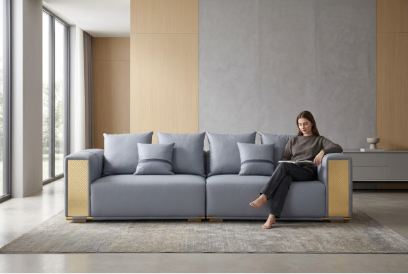 Sofá de lujo de 4 plazas Sofá tapizado Azul Textil Asiento Diseño Sofá Moderno Nuevo