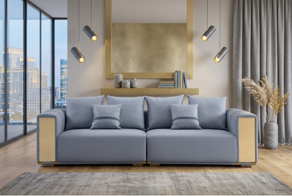 Sofá de lujo de 4 plazas Sofá tapizado Azul Textil Asiento Diseño Sofá Moderno Nuevo
