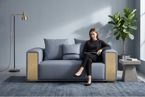 Sofá de lujo de 2 plazas para sala de estar, sofá tapizado azul de tela, diseño de asiento moderno.