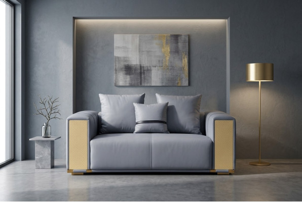 Sofá de lujo de 2 plazas para sala de estar, sofá tapizado azul de tela, diseño de asiento moderno.