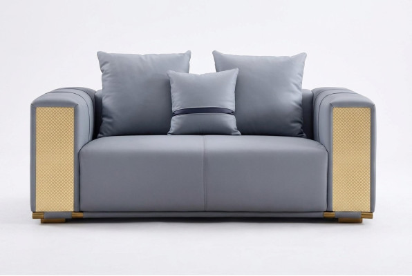 Sofá de lujo de 2 plazas para sala de estar, sofá tapizado azul de tela, diseño de asiento moderno.
