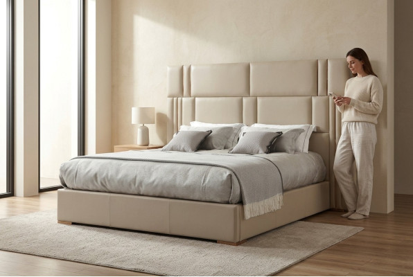Dormitorio de lujo cama muebles de diseñador cama doble blanco textil madera nuevo