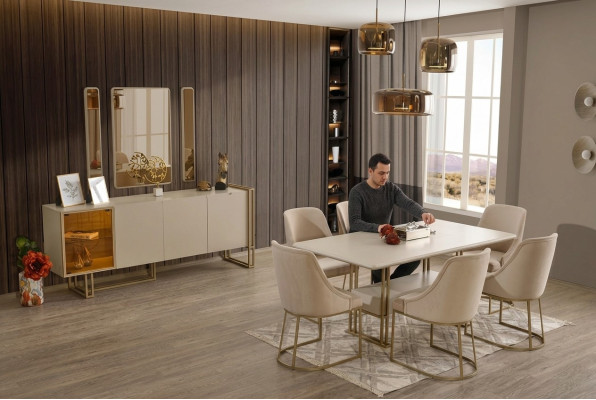 Lujoso conjunto de comedor: mesa + 6 sillas + aparador + 3 espejos - 11 piezas.