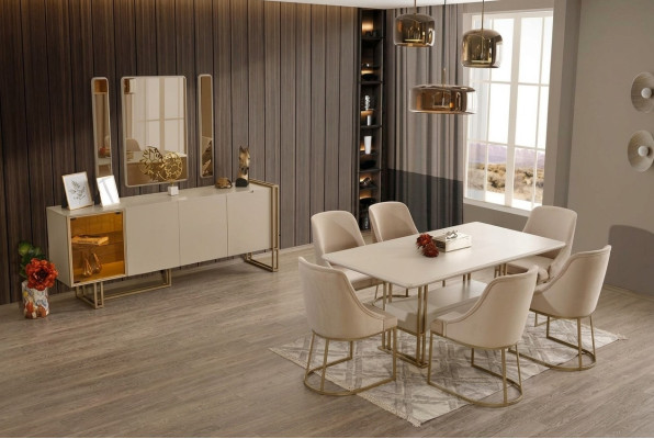 Lujoso conjunto de comedor: mesa + 6 sillas + aparador + 3 espejos - 11 piezas.