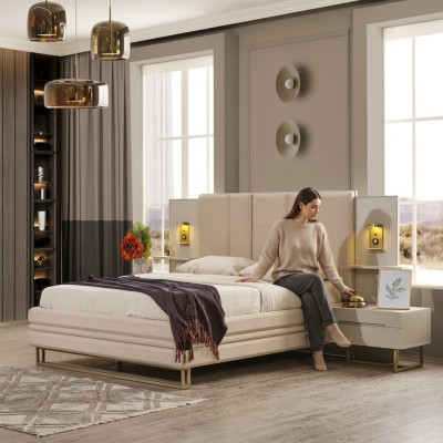 Dormitorio Set de lujo completo Cama beige 2 mesitas de noche Moderno