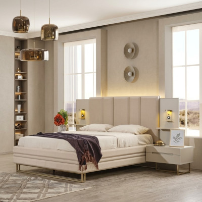 Dormitorio Set de lujo completo Cama beige 2 mesitas de noche Moderno