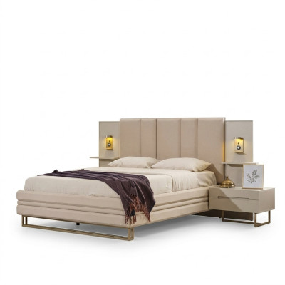Dormitorio Set de lujo completo Cama beige 2 mesitas de noche Moderno