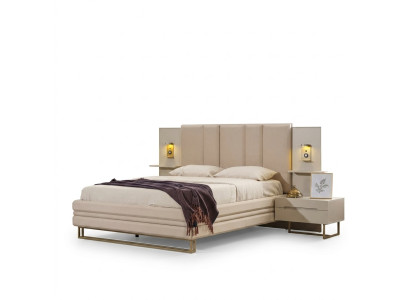 Dormitorio Set de lujo completo Cama beige 2 mesitas de noche Moderno