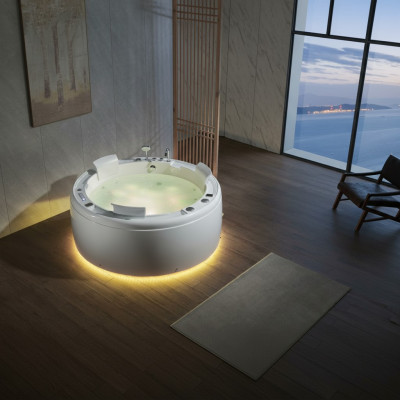 Bañera de hidromasaje de lujo redonda con luces LED, cascada y accesorios.