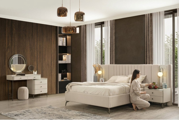 Conjunto de dormitorio elegante con cama de tela 2x mesitas de noche tocador