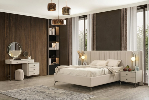 Conjunto de dormitorio elegante con cama de tela 2x mesitas de noche tocador
