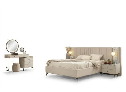 Conjunto de dormitorio elegante con cama de tela 2x mesitas de noche tocador