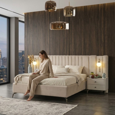 Conjunto de muebles tapizados para dormitorio blanco con cama matrimonial elegante y 2 mesitas de noche