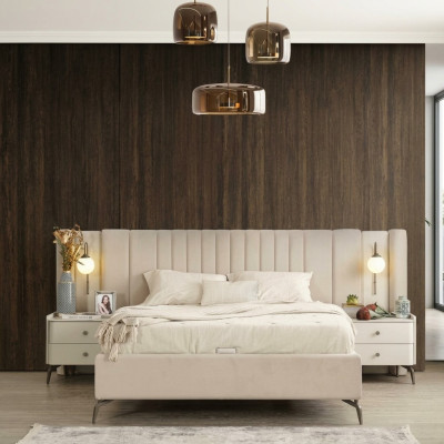 Conjunto de muebles tapizados para dormitorio blanco con cama matrimonial elegante y 2 mesitas de noche