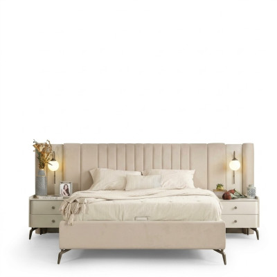 Conjunto de muebles tapizados para dormitorio blanco con cama matrimonial elegante y 2 mesitas de noche