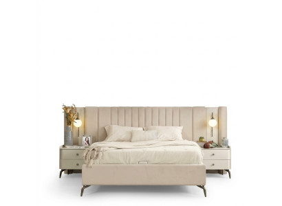 Conjunto de muebles tapizados para dormitorio blanco con cama matrimonial elegante y 2 mesitas de noche