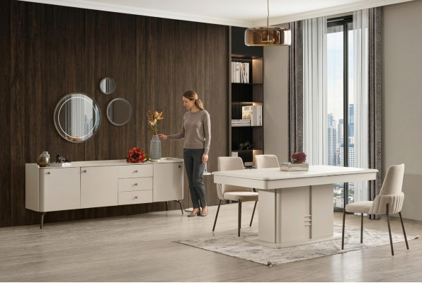 Moderna combinación de comedor mesa de madera 4x sillas de tela elegante aparador 6 piezas
