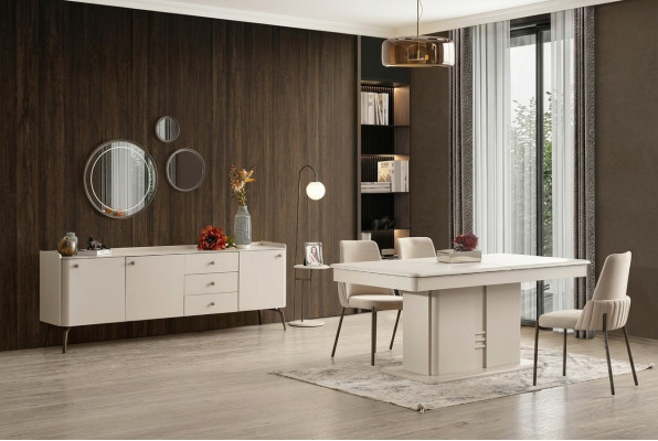 Moderna combinación de comedor mesa de madera 4x sillas de tela elegante aparador 6 piezas