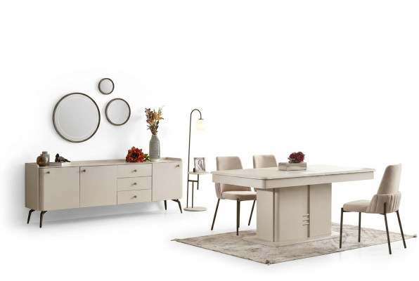 Moderna combinación de comedor mesa de madera 4x sillas de tela elegante aparador 6 piezas