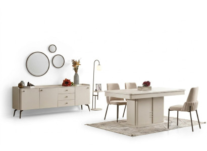 Moderna combinación de comedor mesa de madera 4x sillas de tela elegante aparador 6 piezas