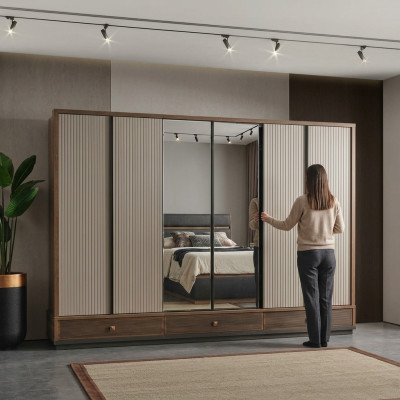 Armario de dormitorio beige, armario de madera de diseñador, muebles elegantes, nuevos.