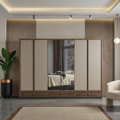 Armario de dormitorio beige, armario de madera de diseñador, muebles elegantes, nuevos.