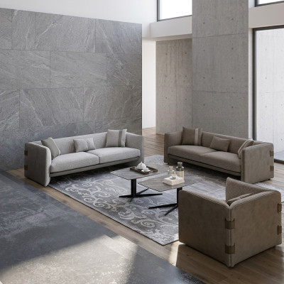 Conjunto de sala de estar gris moderno de 7 piezas con 2 sofás de tres plazas, mobiliario tapizado y sillón nuevo