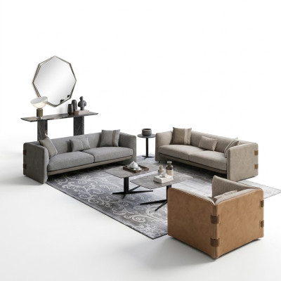 Conjunto de sala de estar gris moderno de 7 piezas con 2 sofás de tres plazas, mobiliario tapizado y sillón nuevo