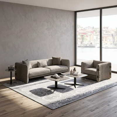Komolett Set 6 piezas Sofá de 3 plazas Nuevo Sillón 2x Mesa de centro de madera 2x Mesa auxiliar