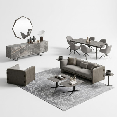 Komolett Set 6 piezas Sofá de 3 plazas Nuevo Sillón 2x Mesa de centro de madera 2x Mesa auxiliar