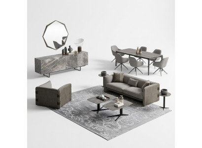 Komolett Set 6 piezas Sofá de 3 plazas Nuevo Sillón 2x Mesa de centro de madera 2x Mesa auxiliar