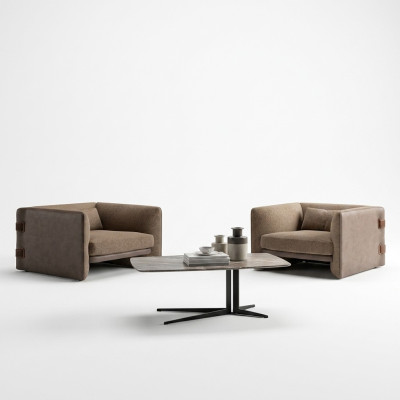 Conjunto de 2 sillones tapizados de diseñador moderno de lujo con tela nueva para sala de estar con mesa de centro.