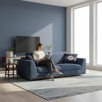 Sofá de dos plazas azul para sala de estar, diseño moderno, sofá de tela textiles.