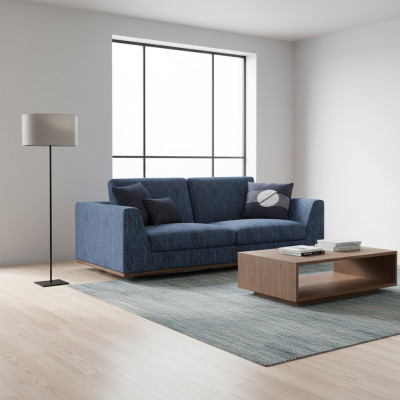 Sofá de dos plazas azul para sala de estar, diseño moderno, sofá de tela textiles.