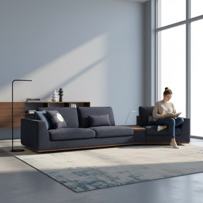 Sofá de tres plazas moderno azul, elegante diseño de sofá, muebles de estilo para la sala de estar, nuevo.