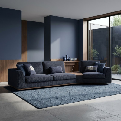 Sofá de tres plazas moderno azul, elegante diseño de sofá, muebles de estilo para la sala de estar, nuevo.